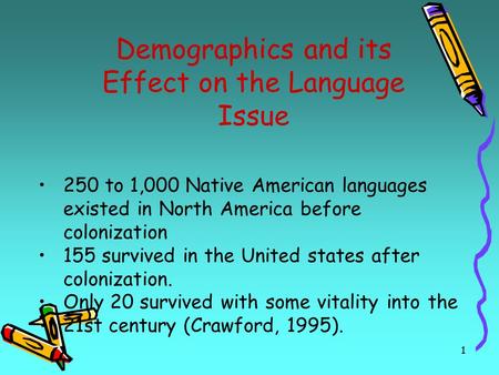 1 Demographics and its Effect on the Language Issue 250 to 1,000 Native American languages existed in North America before colonization 155 survived in.