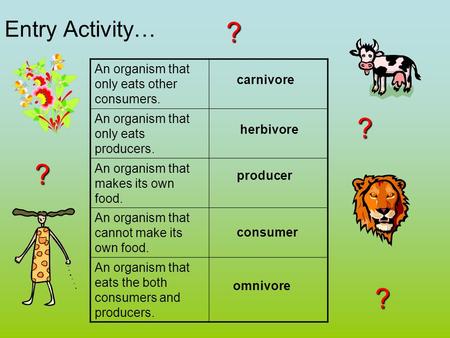 Entry Activity… An organism that only eats other consumers. An organism that only eats producers. An organism that makes its own food. An organism that.