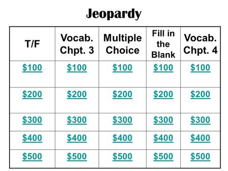 Jeopardy T/F Vocab. Chpt. 3 Multiple Choice Fill in the Blank Vocab. Chpt. 4 $100 $200 $300 $400 $500.