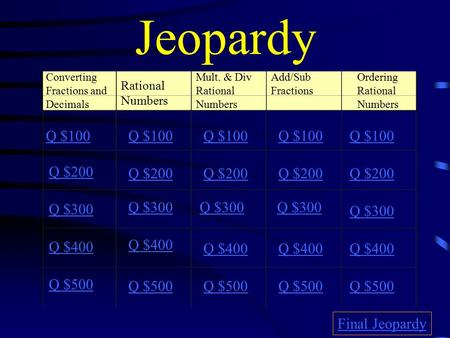 Jeopardy Converting Fractions and Decimals Rational Numbers Mult. & Div Rational Numbers Add/Sub Fractions Q $100 Q $200 Q $300 Q $400 Q $500 Q $100 Q.