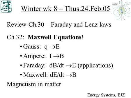 Winter wk 8 – Thus.24.Feb.05 Review Ch.30 – Faraday and Lenz laws Ch.32: Maxwell Equations! Gauss: q  E Ampere: I  B Faraday: dB/dt  E (applications)