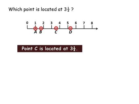 Which point is located at 3½ ? 1 2 3 4 5 6 7 8 0 A B CD Point C is located at 3½.