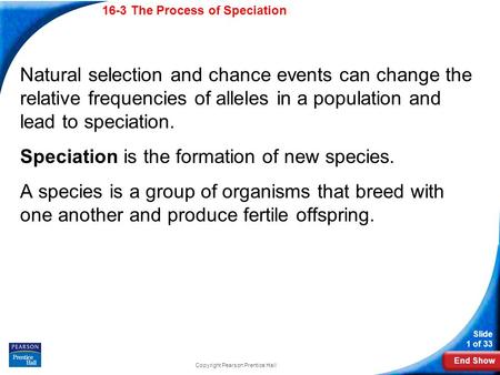 End Show 16-3 The Process of Speciation Slide 1 of 33 Copyright Pearson Prentice Hall 16-3 The Process of Speciation Natural selection and chance events.