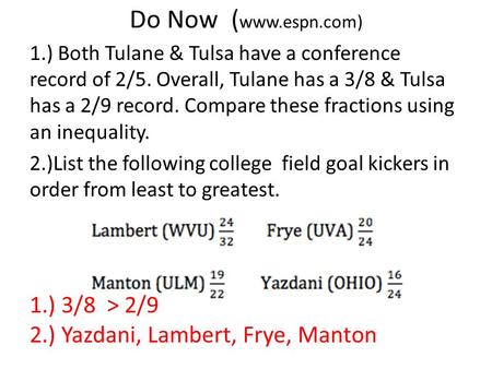 Do Now ( www.espn.com) 1.) Both Tulane & Tulsa have a conference record of 2/5. Overall, Tulane has a 3/8 & Tulsa has a 2/9 record. Compare these fractions.