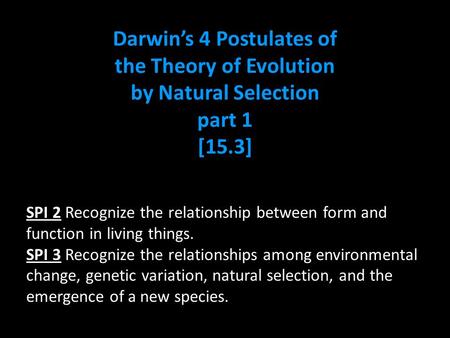 Darwin’s 4 Postulates of the Theory of Evolution by Natural Selection part 1 [15.3] SPI 2 Recognize the relationship between form and function in living.