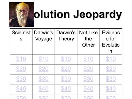 Scientist s Darwin’s Voyage Darwin’s Theory Not Like the Other Evidenc e for Evolutio n $10 $20 $30 $40 $50 Evolution Jeopardy.
