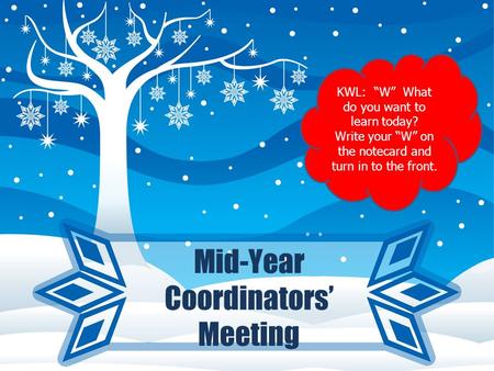 Mid-Year Coordinators’ Meeting KWL: “W” What do you want to learn today? Write your “W” on the notecard and turn in to the front.