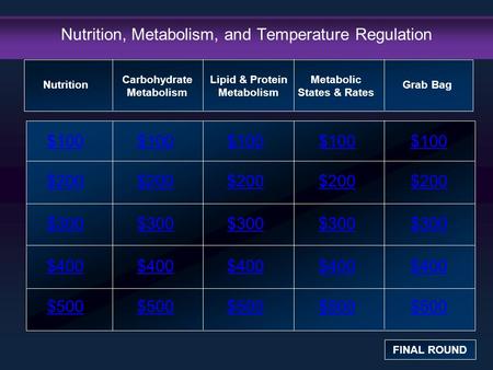 Nutrition, Metabolism, and Temperature Regulation $100 $200 $300 $400 $500 $100$100$100 $200 $300 $400 $500 Nutrition FINAL ROUND Carbohydrate Metabolism.