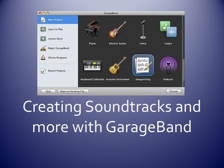 Creating Soundtracks and more with GarageBand. Timeline Track HeaderTrack Mixer Transport Controls Instrument Fx & Loop Browser Time display/tuner Master.