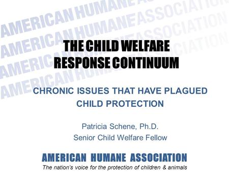 AMERICAN HUMANE ASSOCIATION The nation’s voice for the protection of children & animals THE CHILD WELFARE RESPONSE CONTINUUM CHRONIC ISSUES THAT HAVE PLAGUED.