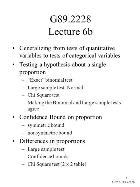 1 G89.2228 Lect 6b G89.2228 Lecture 6b Generalizing from tests of quantitative variables to tests of categorical variables Testing a hypothesis about a.
