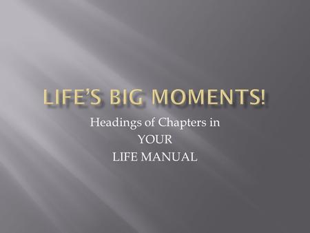 Headings of Chapters in YOUR LIFE MANUAL.  Self-image and acceptance:  Dress?  Style?  Acceptance and Love of  Name, Gender, Sexual Orientation,