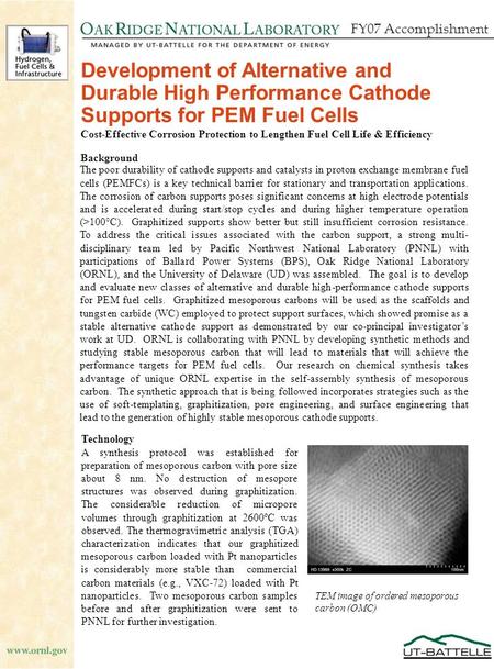 Development of Alternative and Durable High Performance Cathode Supports for PEM Fuel Cells Cost-Effective Corrosion Protection to Lengthen Fuel Cell Life.