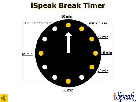 iSpeak Break Timer 60 min 45 min 30 min 20 min 15 min 10 min 5 min or less.