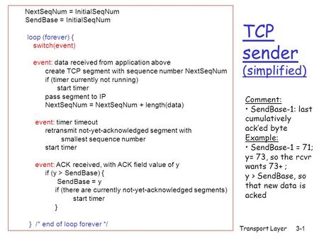 Transport Layer3-1 TCP sender (simplified) NextSeqNum = InitialSeqNum SendBase = InitialSeqNum loop (forever) { switch(event) event: data received from.