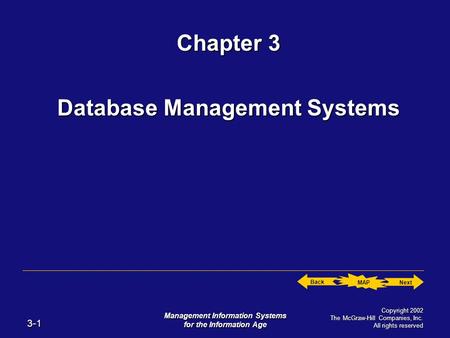 Next Back MAP 3-1 Management Information Systems for the Information Age Copyright 2002 The McGraw-Hill Companies, Inc. All rights reserved Chapter 3 Database.