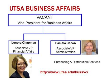 UTSA BUSINESS AFFAIRS 1 VACANT Vice President for Business Affairs Lenora Chapman Associate VP Financial Affairs Pamela Bacon Associate VP Administration.