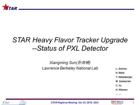 X,Sun1STAR Regional Meeting, Oct 23, 2010, SDU STAR STAR Heavy Flavor Tracker Upgrade --Status of PXL Detector Xiangming Sun( 孙向明 ) Lawrence Berkeley National.