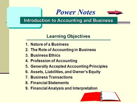 Learning Objectives 1.Nature of a Business 2.The Role of Accounting in Business 3.Business Ethics 4.Profession of Accounting 5.Generally Accepted Accounting.