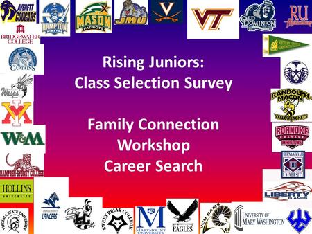 Rising Juniors: Class Selection Survey Family Connection Workshop Career Search.