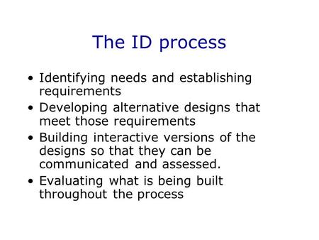 The ID process Identifying needs and establishing requirements Developing alternative designs that meet those requirements Building interactive versions.