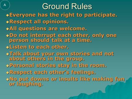 Ground Rules  Everyone has the right to participate.  Respect all opinions.  All questions are welcome.  Do not interrupt each other, only one person.