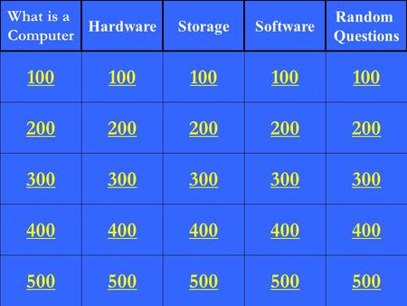 200 300 400 500 100 200 300 400 500 100 200 300 400 500 100 200 300 400 500 100 200 300 400 500 100 What is a Computer HardwareStorageSoftware Random Questions.