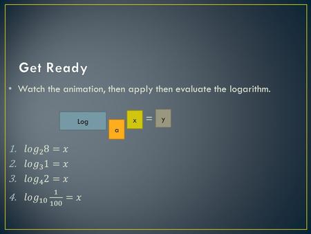 Log a x y. Recognize and evaluate logarithmic functions with base a Graph logarithmic functions Recognize, evaluate, and graph natural logarithmic functions.