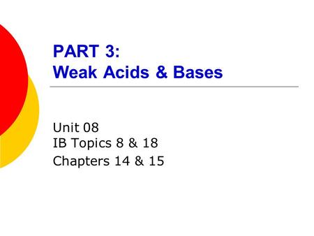 PART 3: Weak Acids & Bases Unit 08 IB Topics 8 & 18 Chapters 14 & 15.
