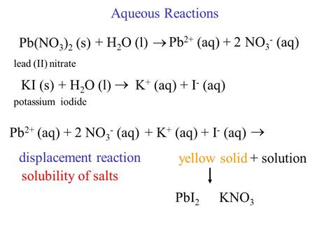Aqueous Reactions Pb(NO 3 ) 2 (s) + H 2 O (l)  leadnitrate(II) KI (s) potassiumiodide + H 2 O (l)  Pb 2+ (aq) + 2 NO 3 - (aq)+ K + (aq) + I - (aq) 