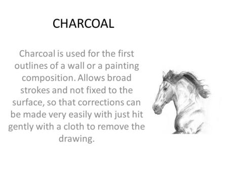 CHARCOAL Charcoal is used for the first outlines of a wall or a painting composition. Allows broad strokes and not fixed to the surface, so that corrections.