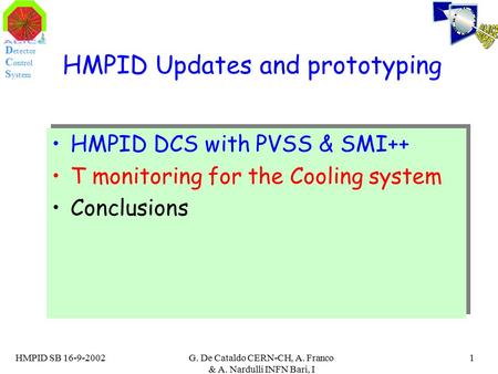 D etector C ontrol S ystem HMPID SB 16-9-2002G. De Cataldo CERN-CH, A. Franco & A. Nardulli INFN Bari, I 1 HMPID Updates and prototyping HMPID DCS with.
