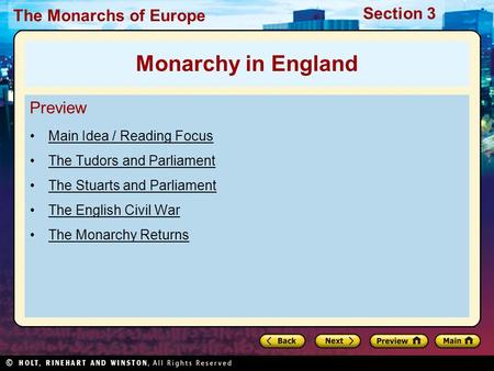 Monarchy in England Preview Main Idea / Reading Focus
