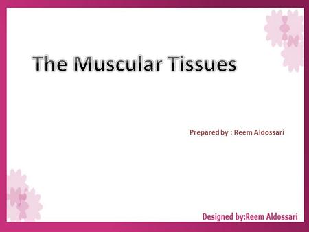 Prepared by : Reem Aldossari. The Muscular Tissues General characteristics of the muscular tissues: The cells of the muscular tissues are elongated elements,