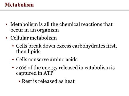 Metabolism is all the chemical reactions that occur in an organism Cellular metabolism Cells break down excess carbohydrates first, then lipids Cells conserve.