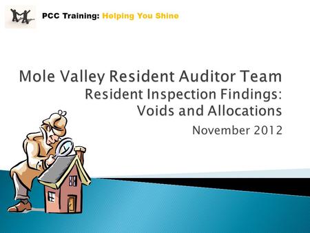 November 2012 PCC Training: Helping You Shine.  The background to the Mole Valley Resident Auditors Team  Reflections on the Voids and Allocations Inspection.