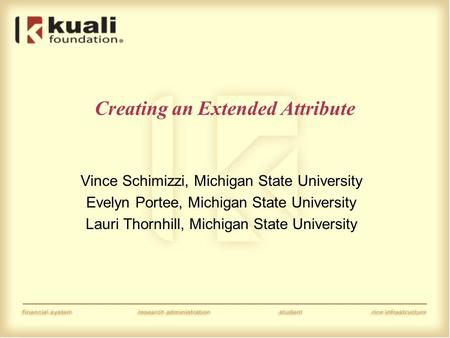 Creating an Extended Attribute Vince Schimizzi, Michigan State University Evelyn Portee, Michigan State University Lauri Thornhill, Michigan State University.
