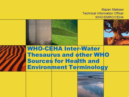 WHO-CEHA Inter-Water Thesaurus and other WHO Sources for Health and Environment Terminology Mazen Malkawi Technical Information Officer WHO/EMRO/CEHA.