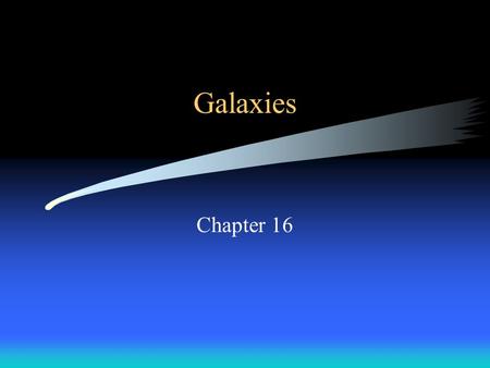 Galaxies Chapter 16. Topics Types of galaxies Dark Matter Distances to galaxies Speed of galaxies Expansion of the universe and Hubble’s law.