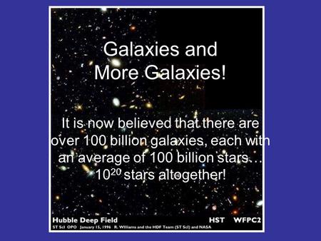 Galaxies and More Galaxies! It is now believed that there are over 100 billion galaxies, each with an average of 100 billion stars… 10 20 stars altogether!