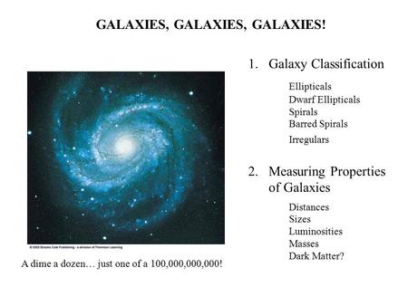 GALAXIES, GALAXIES, GALAXIES! A dime a dozen… just one of a 100,000,000,000! 1.Galaxy Classification Ellipticals Dwarf Ellipticals Spirals Barred Spirals.