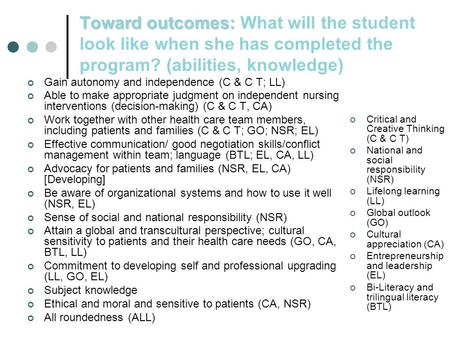 Toward outcomes: Toward outcomes: What will the student look like when she has completed the program? (abilities, knowledge) Gain autonomy and independence.