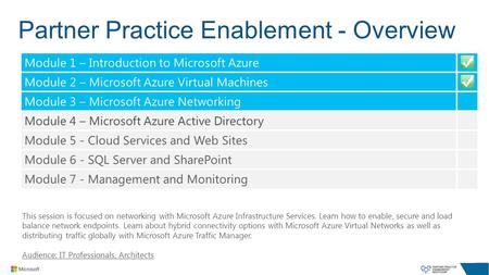 Partner Practice Enablement - Overview This session is focused on networking with Microsoft Azure Infrastructure Services. Learn how to enable, secure.