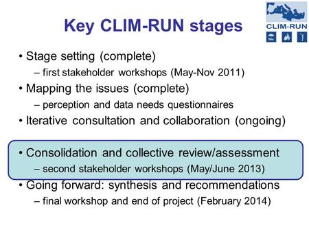 Key CLIM-RUN stages Stage setting (complete) – first stakeholder workshops (May-Nov 2011) Mapping the issues (complete) – perception and data needs questionnaires.