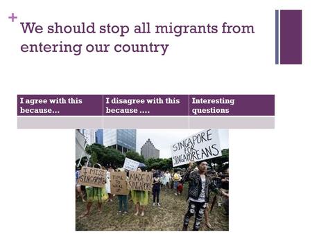 + We should stop all migrants from entering our country I agree with this because… I disagree with this because …. Interesting questions.