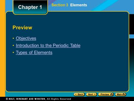 Preview Objectives Introduction to the Periodic Table Types of Elements Chapter 1 Section 3 Elements.