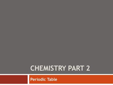 CHEMISTRY PART 2 Periodic Table. Chemistry – Recall  Chemistry is the study of matter and the changes it undergoes  Physical Properties: cause a physical.