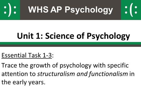 WHS AP Psychology Unit 1: Science of Psychology Essential Task 1-3: Trace the growth of psychology with specific attention to structuralism and functionalism.