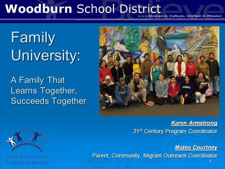 1 Family University: A Family That Learns Together, Succeeds Together Karen Armstrong 21 st Century Program Coordinator Mateo Courtney Parent, Community,
