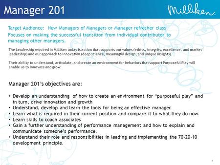 1 Manager 201 Manager 201’s objectives are: Develop an understanding of how to create an environment for “purposeful play” and in turn, drive innovation.